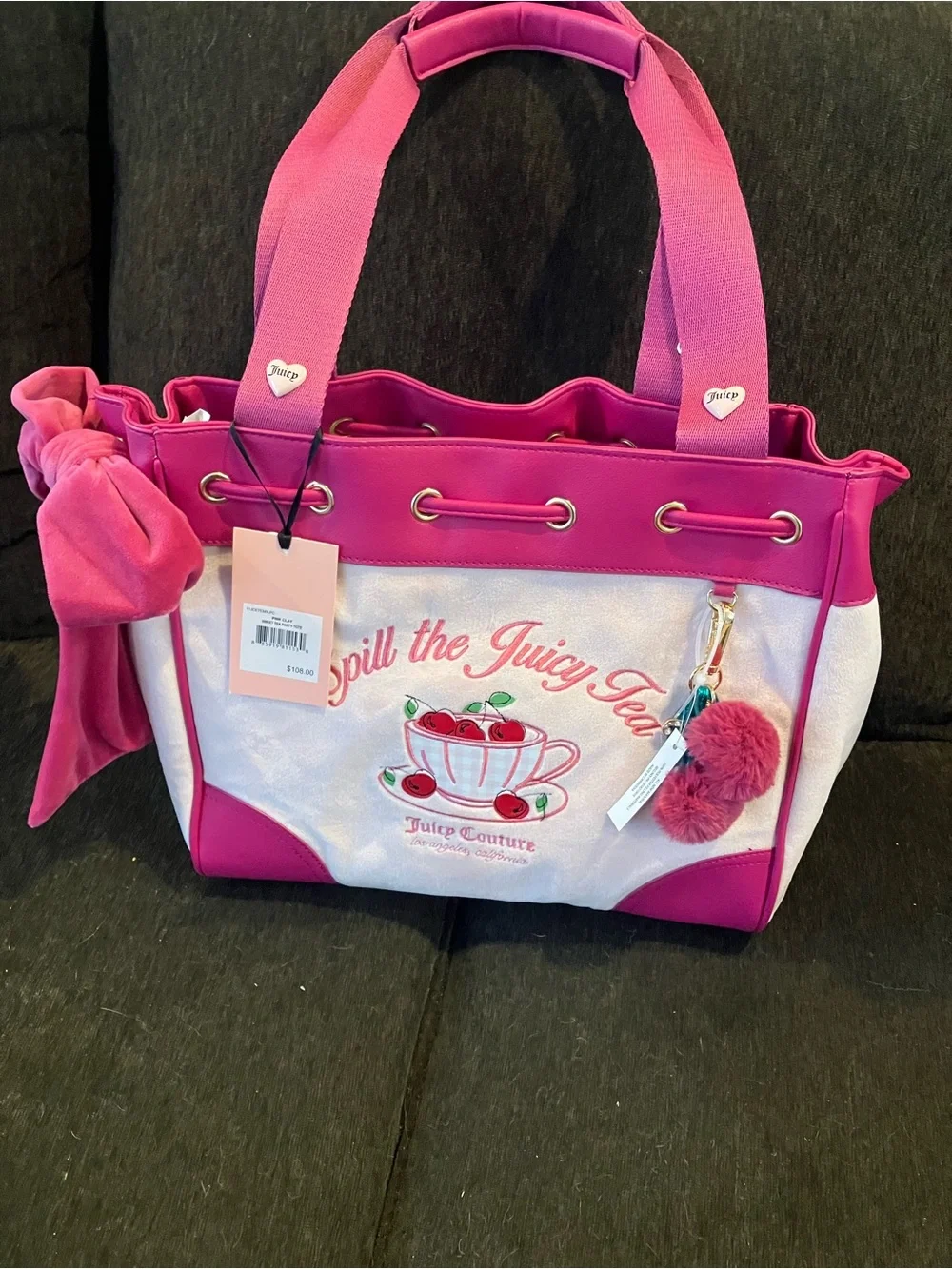 Juicy Couture Sweet Tea Party Hot Pink and White Tote with Pom Charm